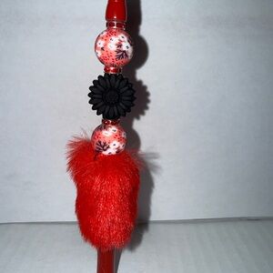 Handmade Beaded Pen-Black Sunflower with red silicone beads and a fur base.
